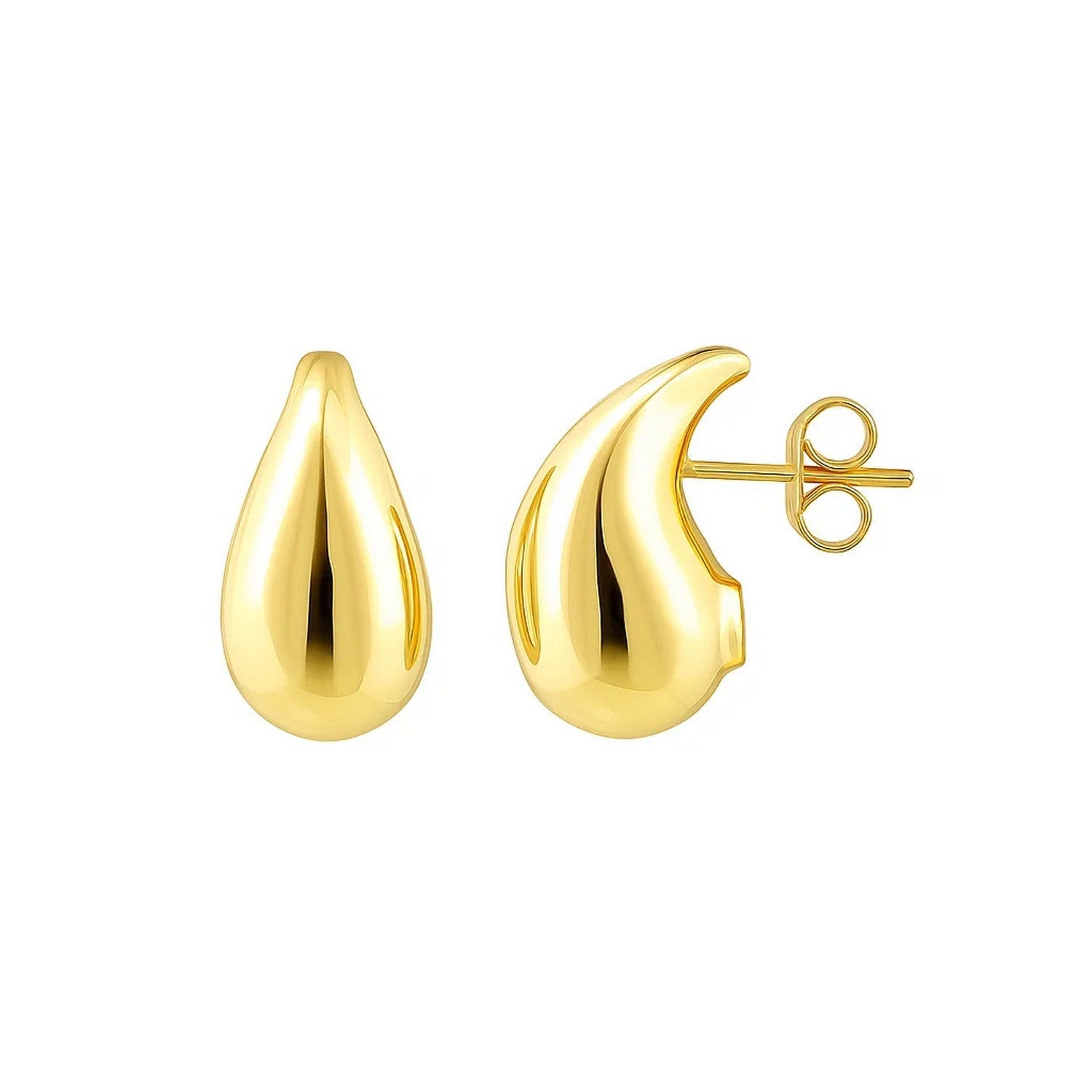 14k Yellow Gold Small Raindrop Studs Earrings (19.50x9.80 mm) in a sleek high-contrast midnight luxury editorial style